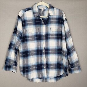 Old Navy Size L The Boyfriend Shirt Blue Plaid Flannel Cotton Cabincore Grunge